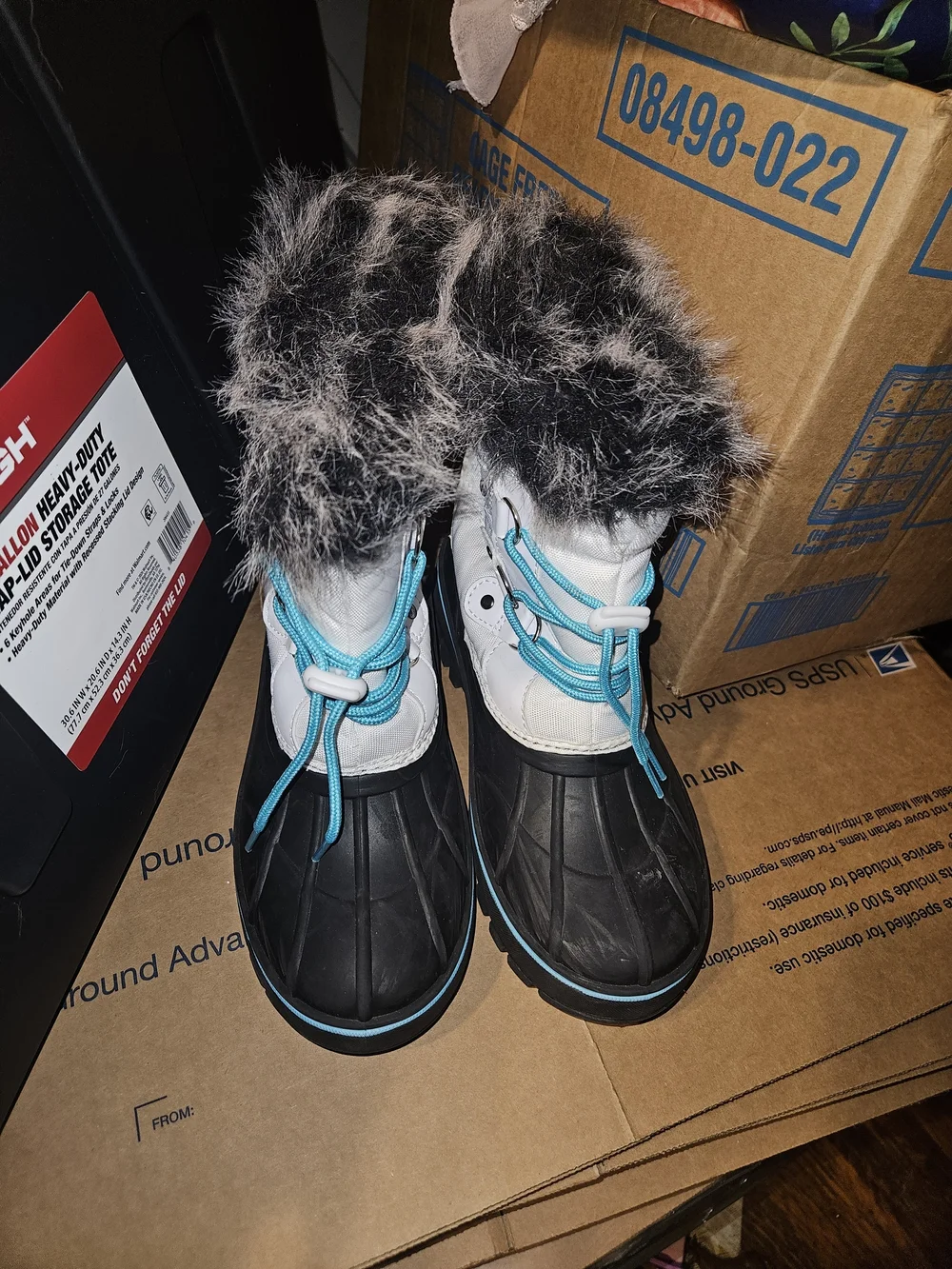 Kids Waterproof Snow Boots with Faux Fur Trim - Black, White & Blue